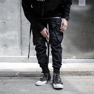 Streetwear Joggers Ribbon Pockets Black