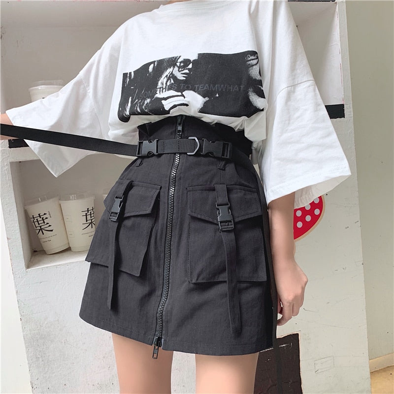 High Waist Black Cargo Skirt