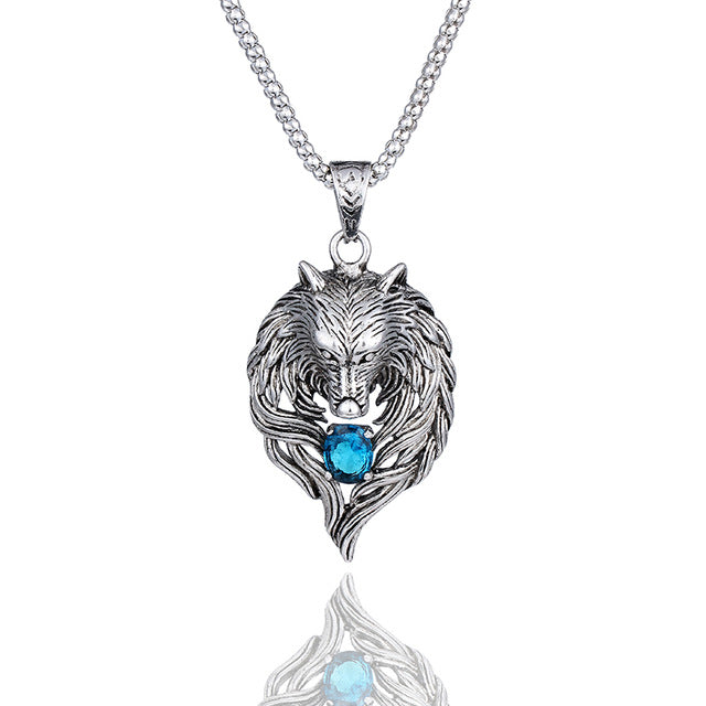 Wolf Head Blue Crystal Necklace