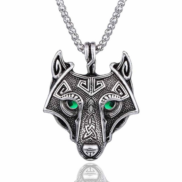 Wolf Head Green Crystal Necklace